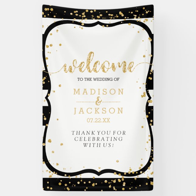Any Colour Stripes & Gold Confetti Wedding Welcome Banner (Vertical)
