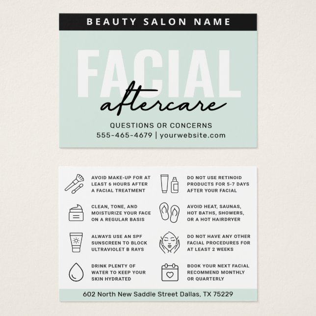 Any Colour Teal Facial Aftercare Instructions Card (Front & Back)