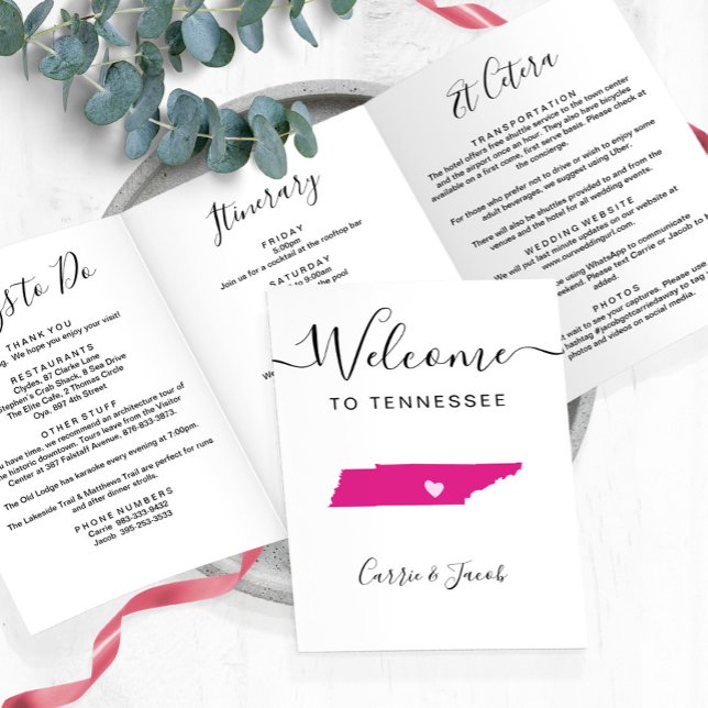 Any Colour Tennessee Wedding Welcome Itinerary Tri-Fold Programme (Tennessee Map Wedding Welcome Letter & Itinerary)
