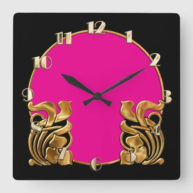 Any Colour with Black Art Deco Gold Design Square Wall Clock (Front)