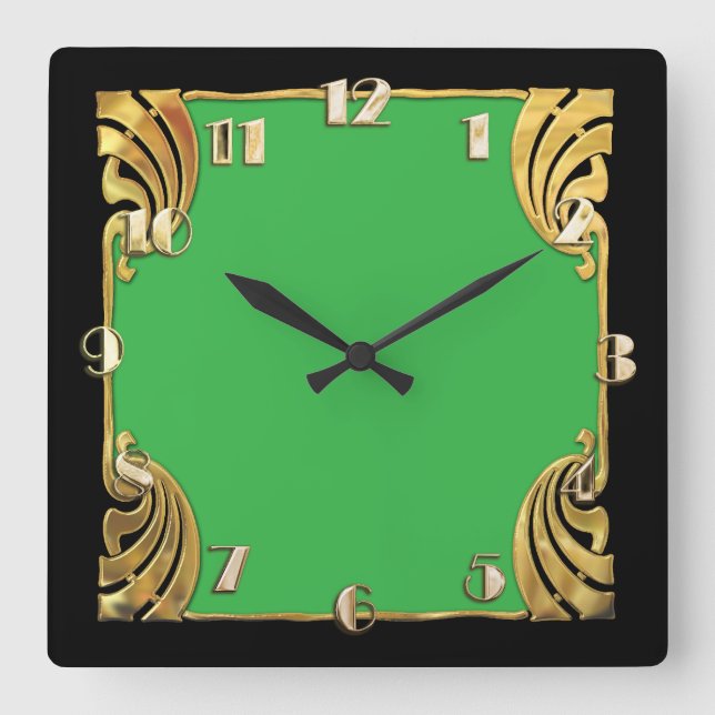 Any Colour with Black Art Deco Gold Design Square Wall Clock (Front)