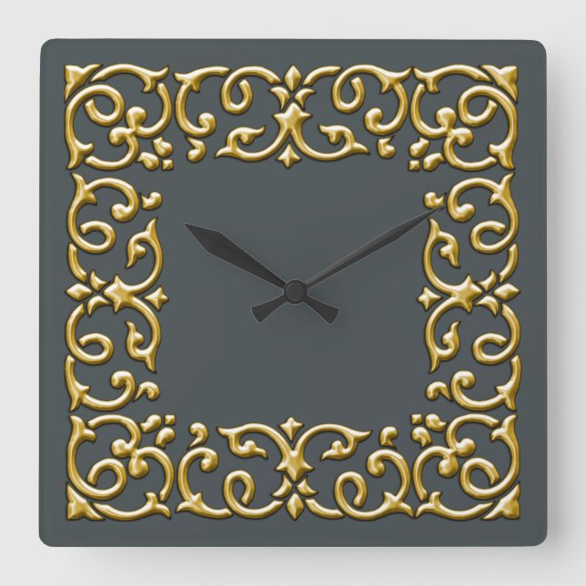 Any Colour with Gold Filigree Border Square Wall Clock (Front)