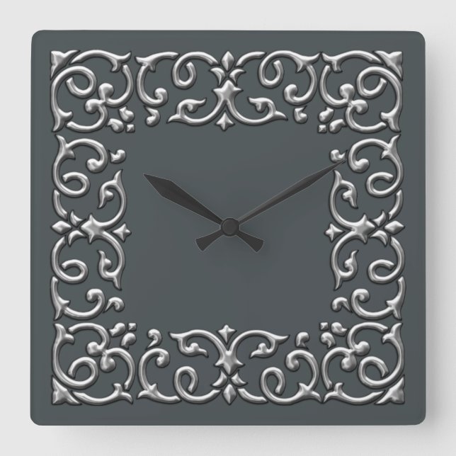 Any Colour with Silver Filigree Border Square Wall Clock (Front)