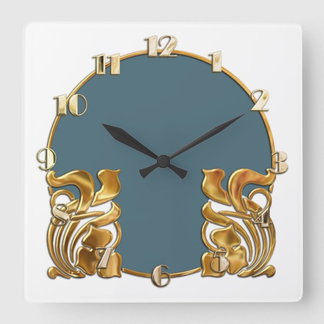 Any Colour with White Art Deco Gold Design Square Wall Clock (Front)