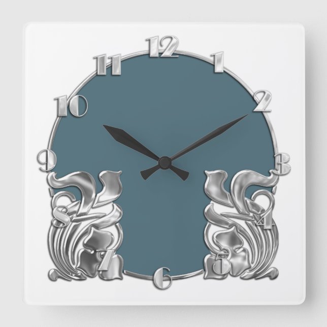 Any Colour with White Art Deco Silver Design Square Wall Clock (Front)