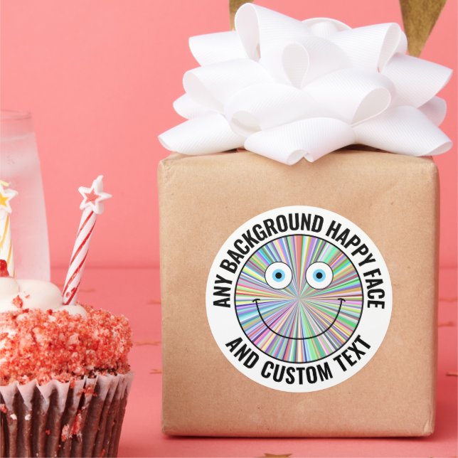 Any Custom Colour, Background Text Happy Face (BLK Classic Round Sticker (Party)