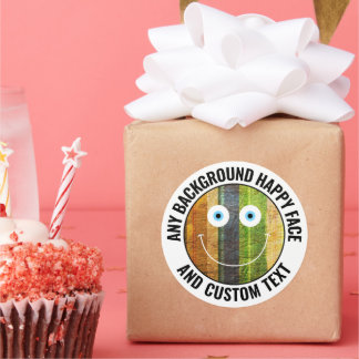 Any Custom Colour, Background Text Happy Face (WHT Classic Round Sticker