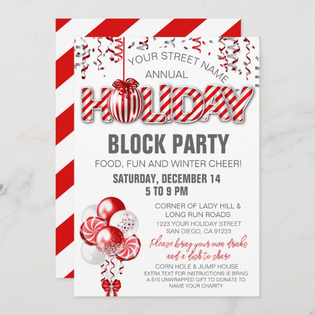 Any Event Balloon Peppermint Candy Holiday Invite (Front/Back)