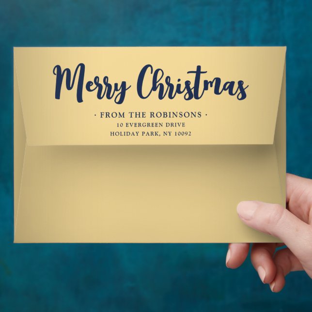 Any Greeting Return Address Navy & Gold Christmas Envelope (Hand)