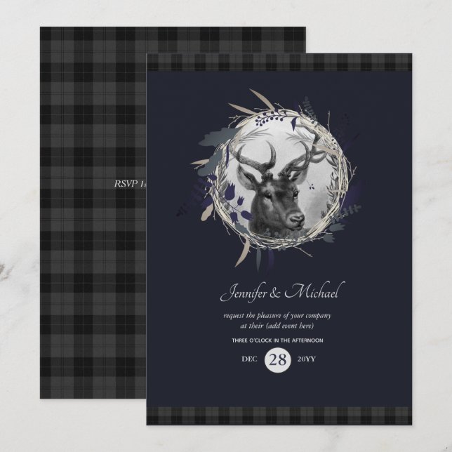 ANY Invitation - Blue Grey Tartan with Winter Stag (Front/Back)