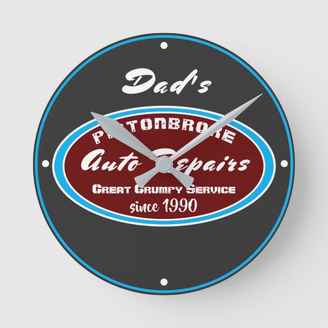 Any Name Auto Repairs Funny Grumpy Service Round Clock (Front)