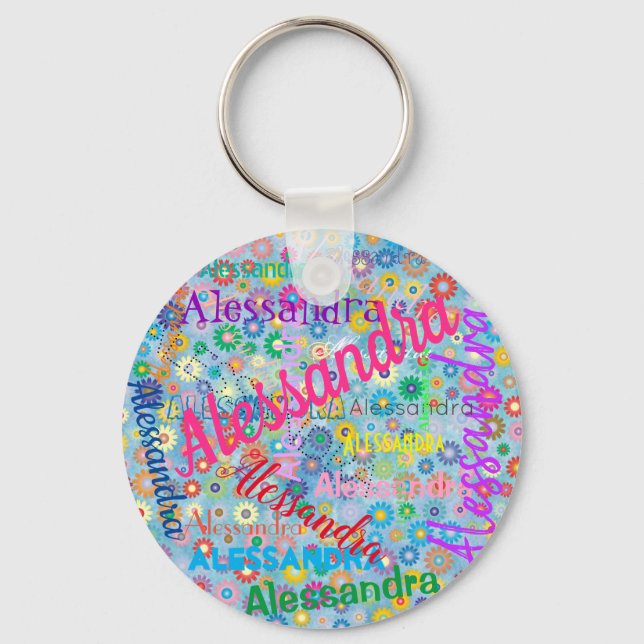 Any Name Collage Girly Keychain with Flowers (Front)