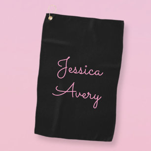 Any Name Cool Editable Pink Script on Black Golf Towel