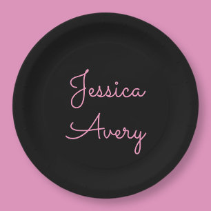 Any Name   Cool Editable Pink Script on Black Paper Plate
