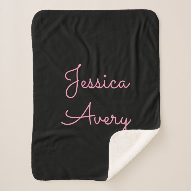 Any Name | Cool Editable Pink Script on Black Sherpa Blanket (Front)