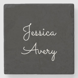 Any Name Cool Editable White Script on Black Stone Coaster