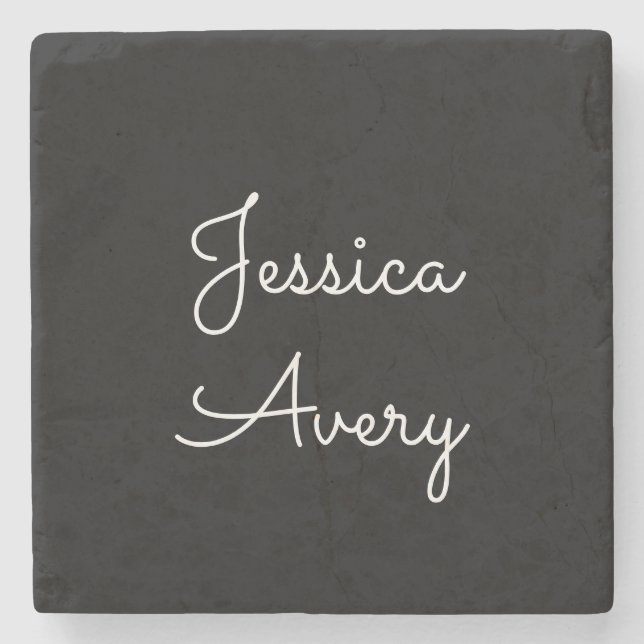 Any Name | Cool Editable White Script on Black Stone Coaster (Front)