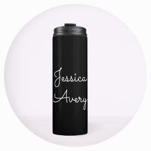 Any Name   Cool Editable White Script on Black Thermal Tumbler