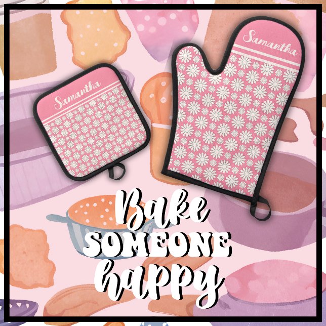 Any Name Cute Floral Daisy Pattern Oven Mitt & Pot Holder Set (Bake Someone Happy with this cute baby pink & white daisy pattern oven mitt and pot holder set.)