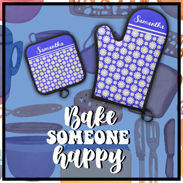 Any Name Cute Floral Daisy Pattern Oven Mitt & Pot Holder Set (Bake Someone Happy with this cute blue & white daisy pattern oven mitt and pot holder set.)