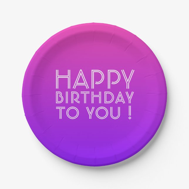 Any Name Editable Happy Birthday Pink Purple Ombre Paper Plate (Front)