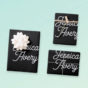 Any Name   Editable Vintage Styled Script on Black Wrapping Paper Sheet