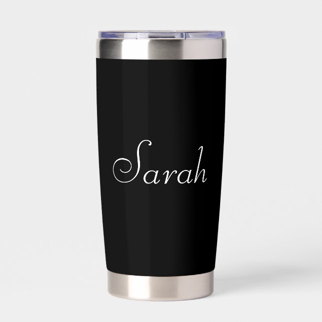Any Name | Elegant Editable White Script on Black Insulated Tumbler (Front)