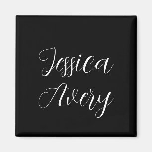 Any Name Elegant Editable White Script on Black Magnet