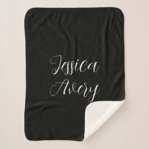 Any Name   Elegant Editable White Script on Black Sherpa Blanket