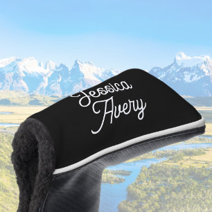 Any Name    Elegant Vintage White Script on Black Golf Head Cover