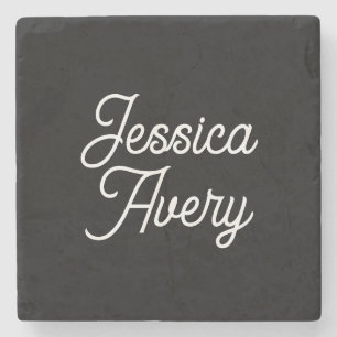 Any Name    Elegant Vintage White Script on Black Stone Coaster