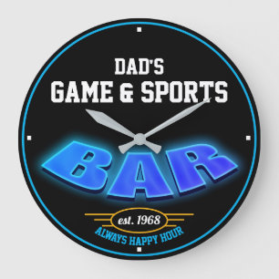 Any Name Game & Sports Bar Blue and Black - Large Clock