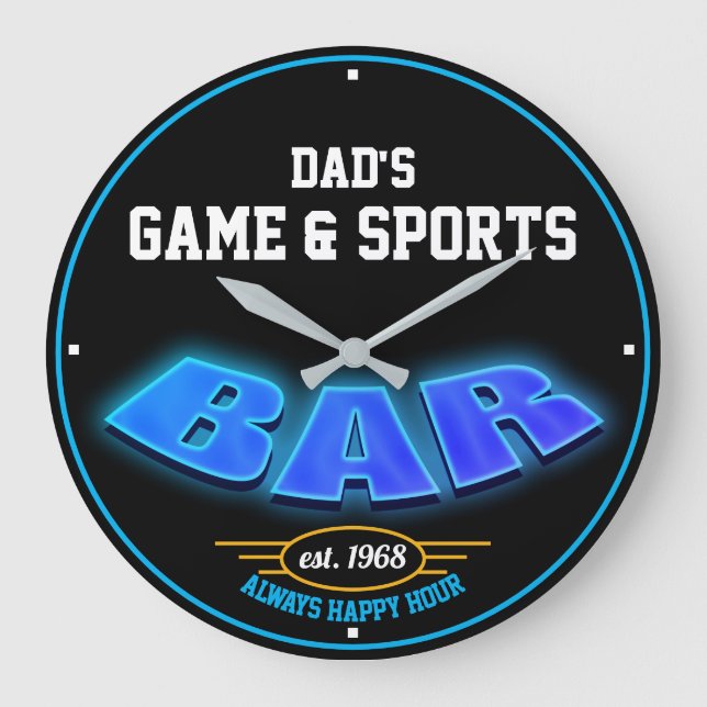 Any Name Game & Sports Bar Blue and Black - Large Clock (Front)