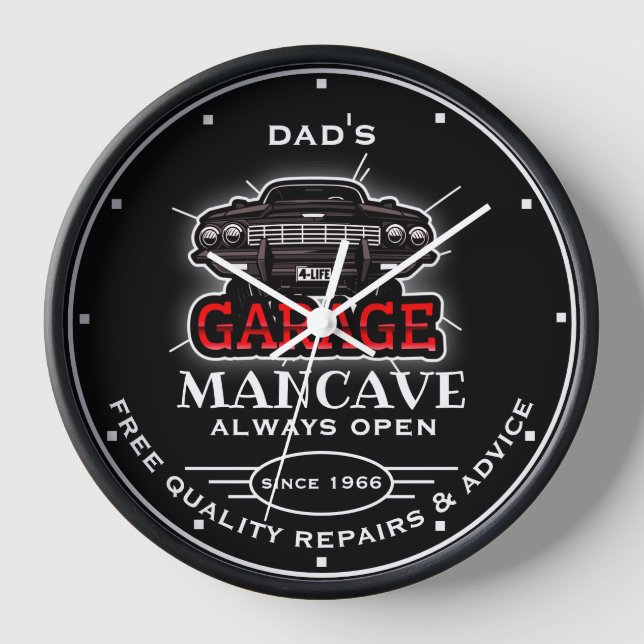 Any Name Garage Mancave Red Black Slogan Clock (Front)