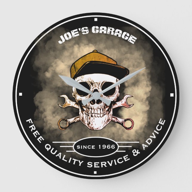 Any Name Garage Skull Wrenches Smoke Slogan Large Clock (Front)