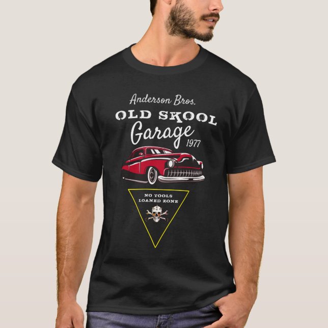 Any Name Old Skool Garage Caption Skull Old Car T- T-Shirt (Front)