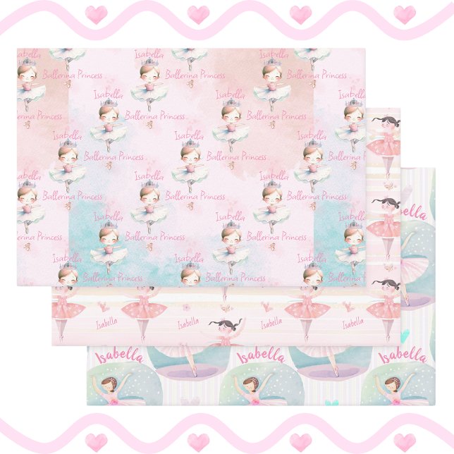 Any Name Pretty Ballet Princess Ballerina Gift Wrapping Paper Sheet (Three Gift Wrap Sheets. Pretty paper for Ballerina Girls who Love to Dance!)