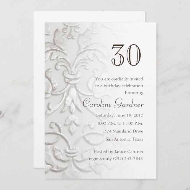 Any Number Birthday Invitation "Embossed" Damask (Front/Back)