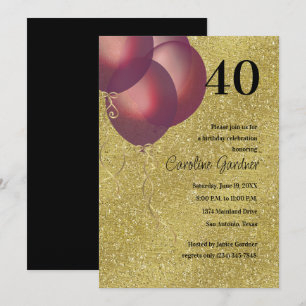 Any Number Birthday  Red Balloons Gold Glitter Invitation