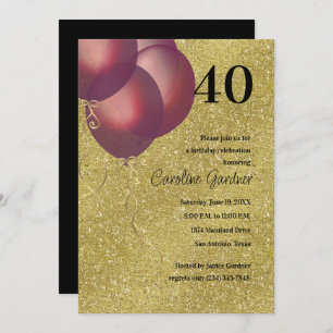 Any Number Birthday  Red Balloons Gold Glitter Invitation