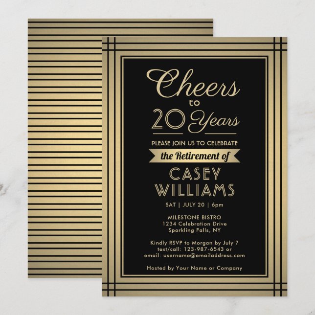 ANY Number Retirement Party Cheers Black and Gold Invitation (Front/Back)