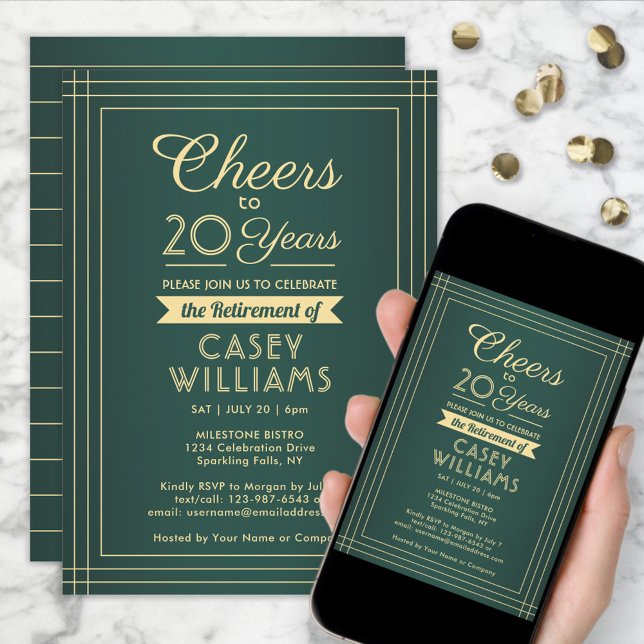 ANY Number Retirement Party Cheers Green and Gold Invitation (Creator Uploaded)