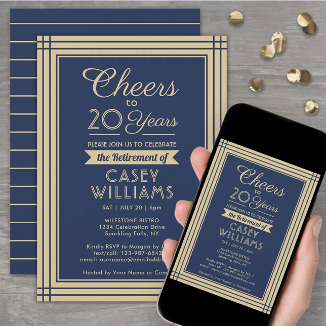 ANY Number Retirement Party Cheers Navy and Gold Invitation (Creator Uploaded)