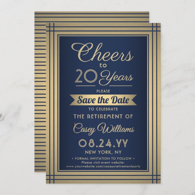ANY Number Retirement Party Cheers Navy Blue Gold Save The Date (Front/Back)