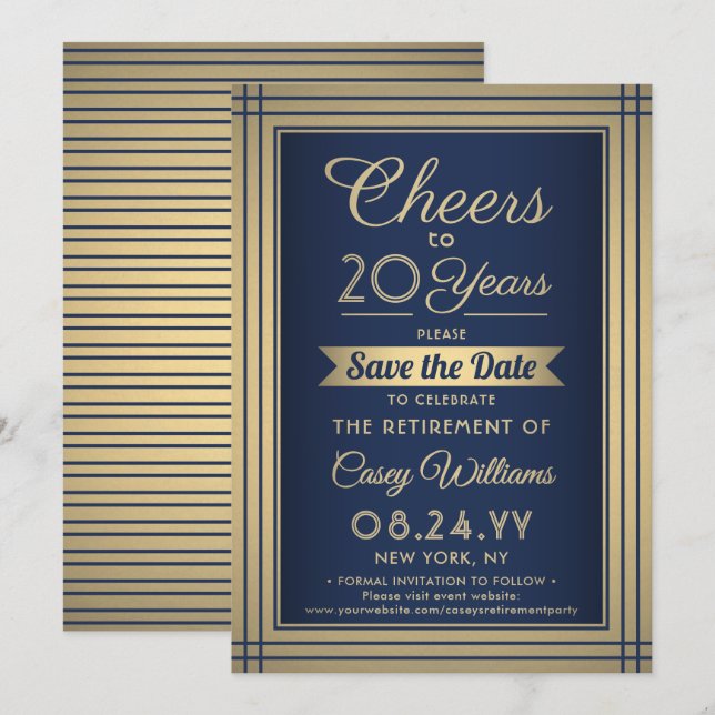 ANY Number Retirement Party Cheers Navy Blue Gold Save The Date (Front/Back)