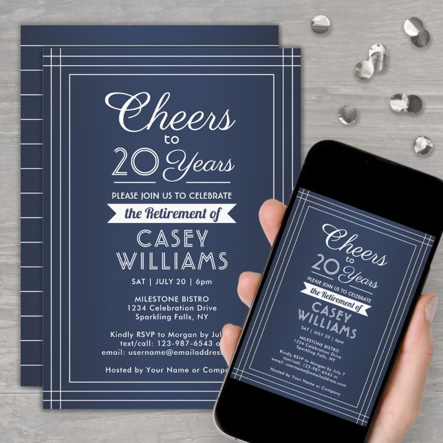 ANY Number Retirement Party Cheers Navy Blue White Invitation (Creator Uploaded)