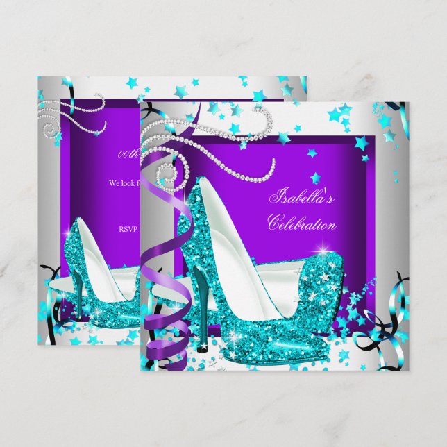 Any Occasion Party Glitter Teal Purple High Heels Invitation (Front/Back)