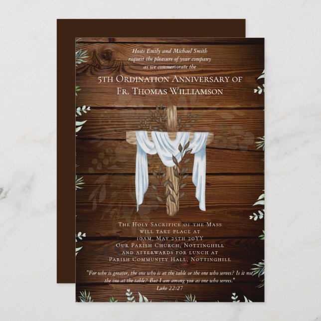 ANY Ordination Anniversary Invitation Rustic Wood (Front/Back)