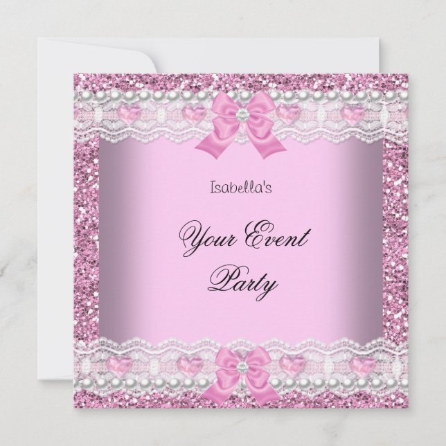 Any Party Glitter Pink Lace Heart Silver Invitation (Front)