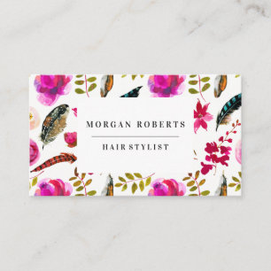 Any Profession Pink Boho Feather Flowers Business Card